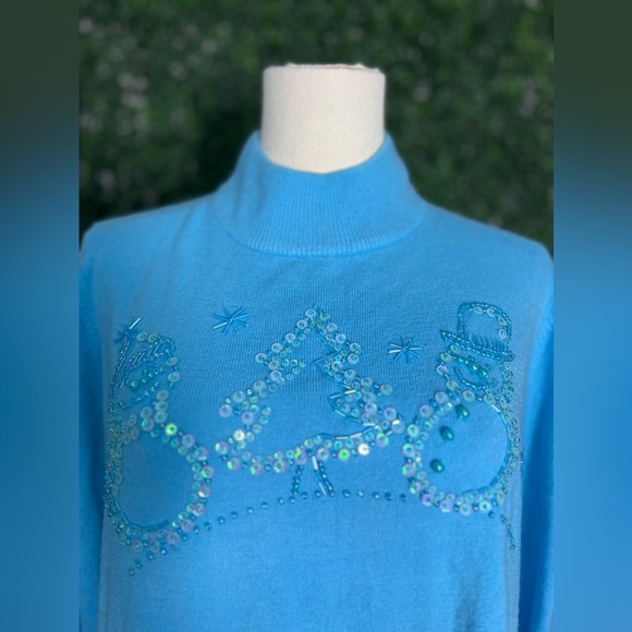QUACKER FACTORY Blue Beaded Sequins Christmas Holiday Pullover Sweater Size L - Picture 3 of 11